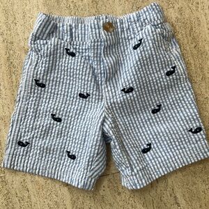 Blue Striped Seersucker Kids Shorts with Whale Pattern
